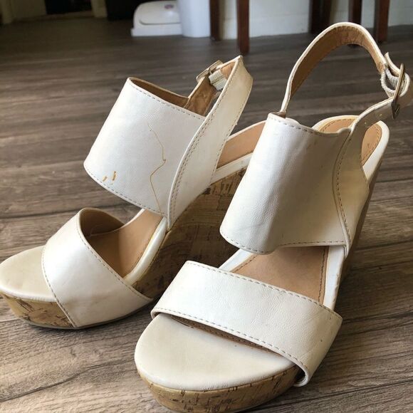 2/$20 Apt 9 White Wedge Cork Heel Strappy Heels Sandal - Picture 5 of 7